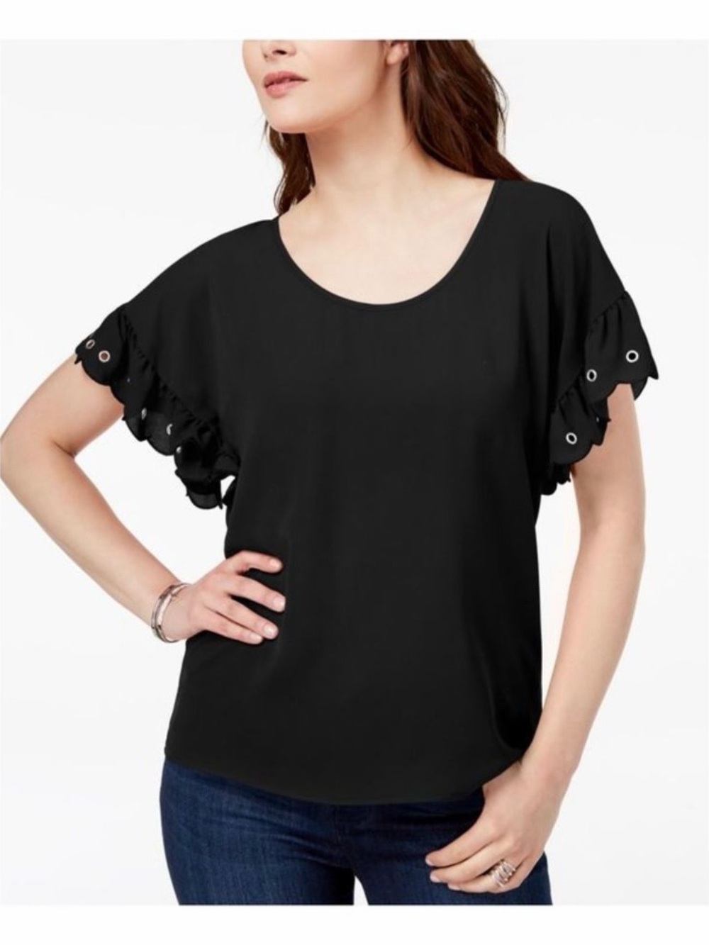 MICHAEL KORS Woman’s 1X Black Blouse with Scalloped Flutter Sleeves Scoop Neck